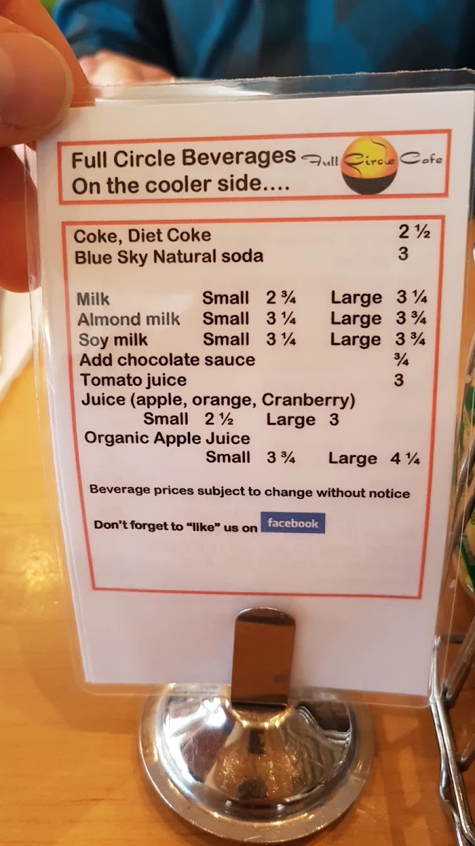 Menu, Full Circle Cafe