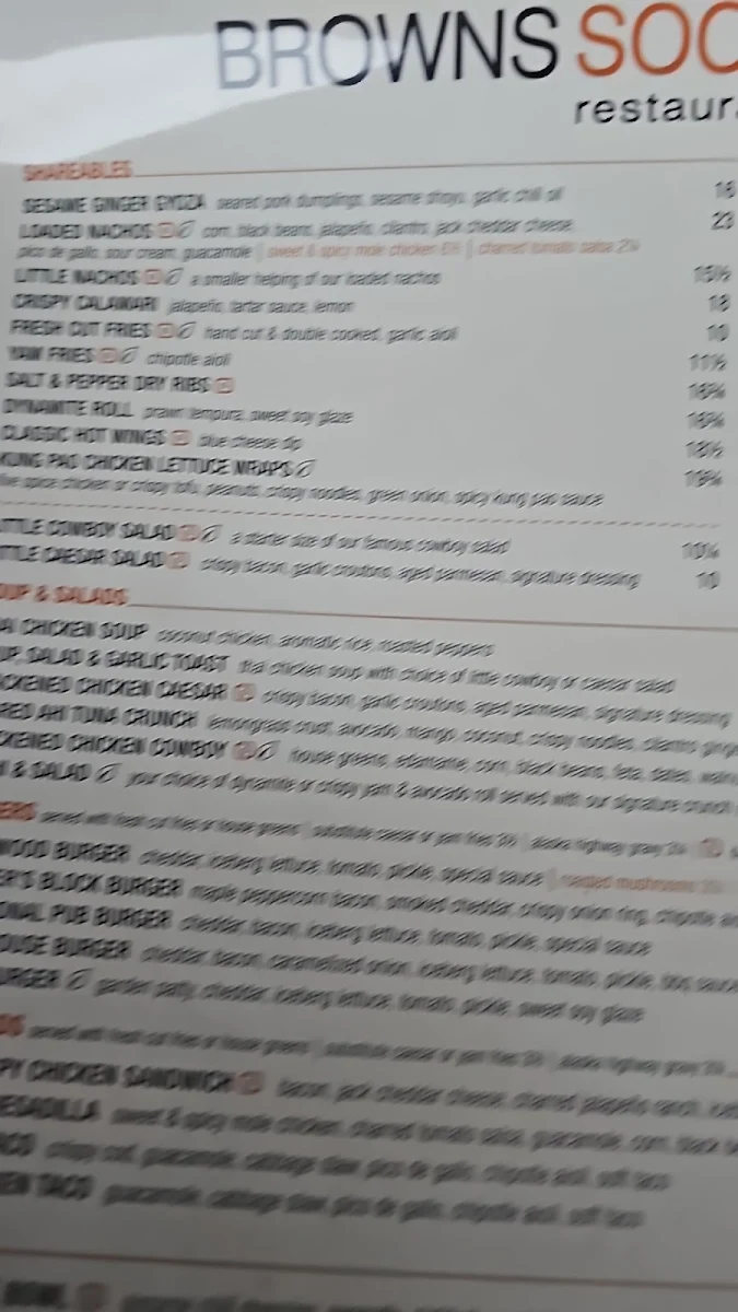 Menu, Browns Socialhouse