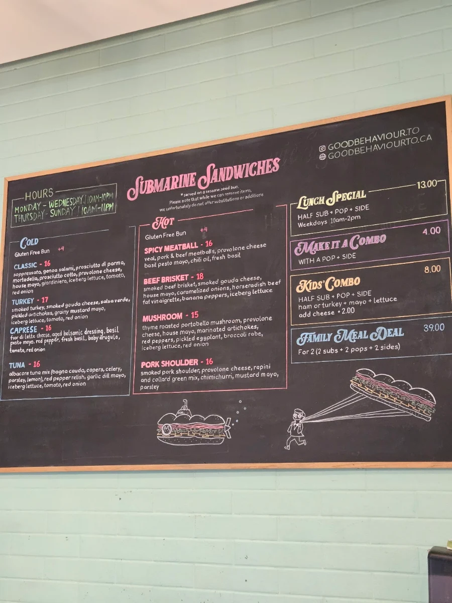Menu, Good Behaviour Ice Cream and Sub Sandwiches