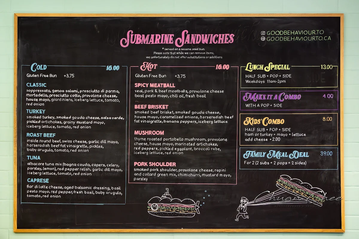 Menu, Good Behaviour Ice Cream and Sub Sandwiches