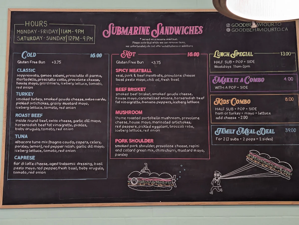Menu, Good Behaviour Ice Cream and Sub Sandwiches