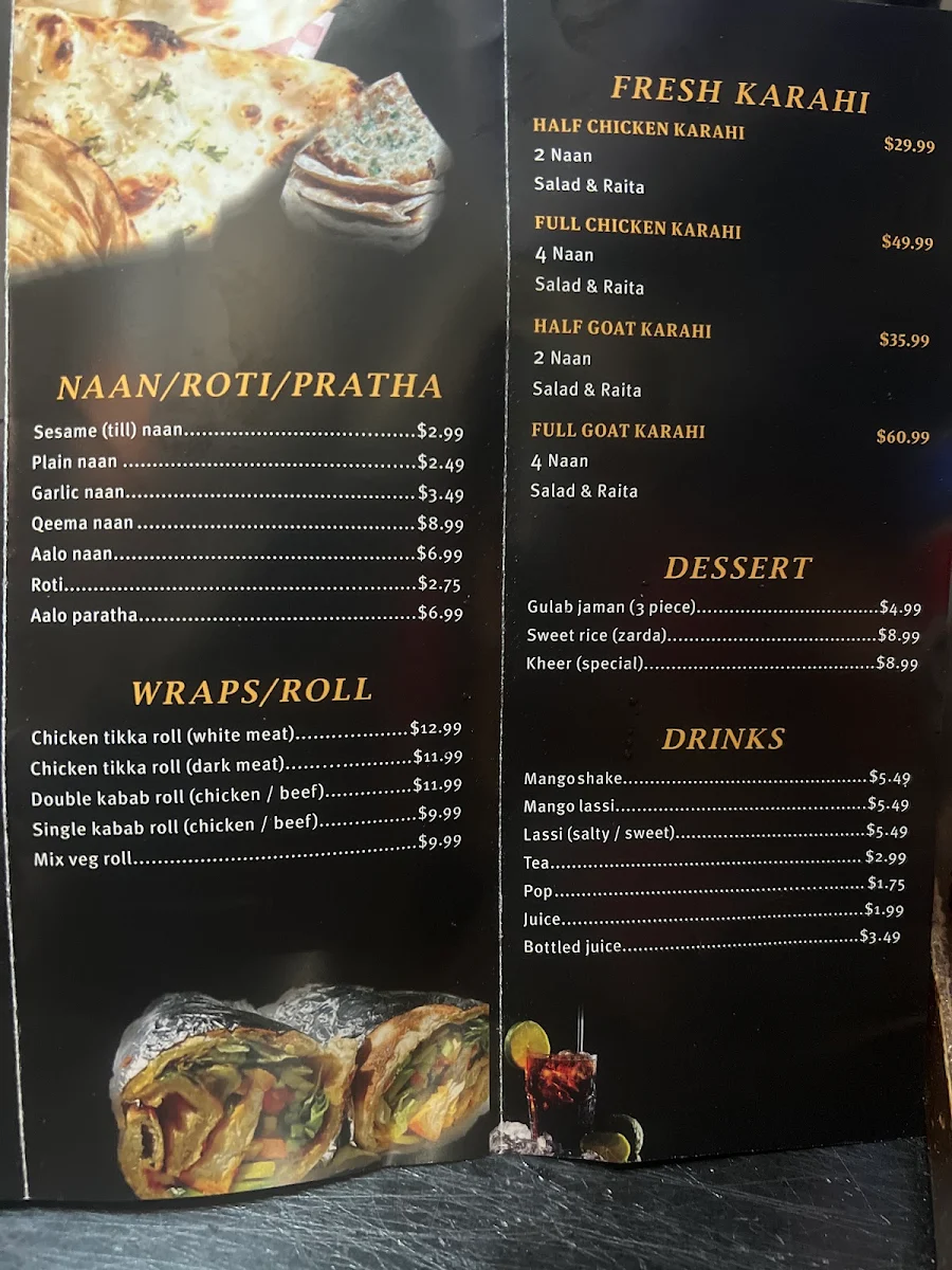 Menu, Kabab and karahi