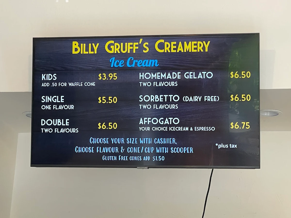 Menu, Billy Gruff Creamery & Bistro