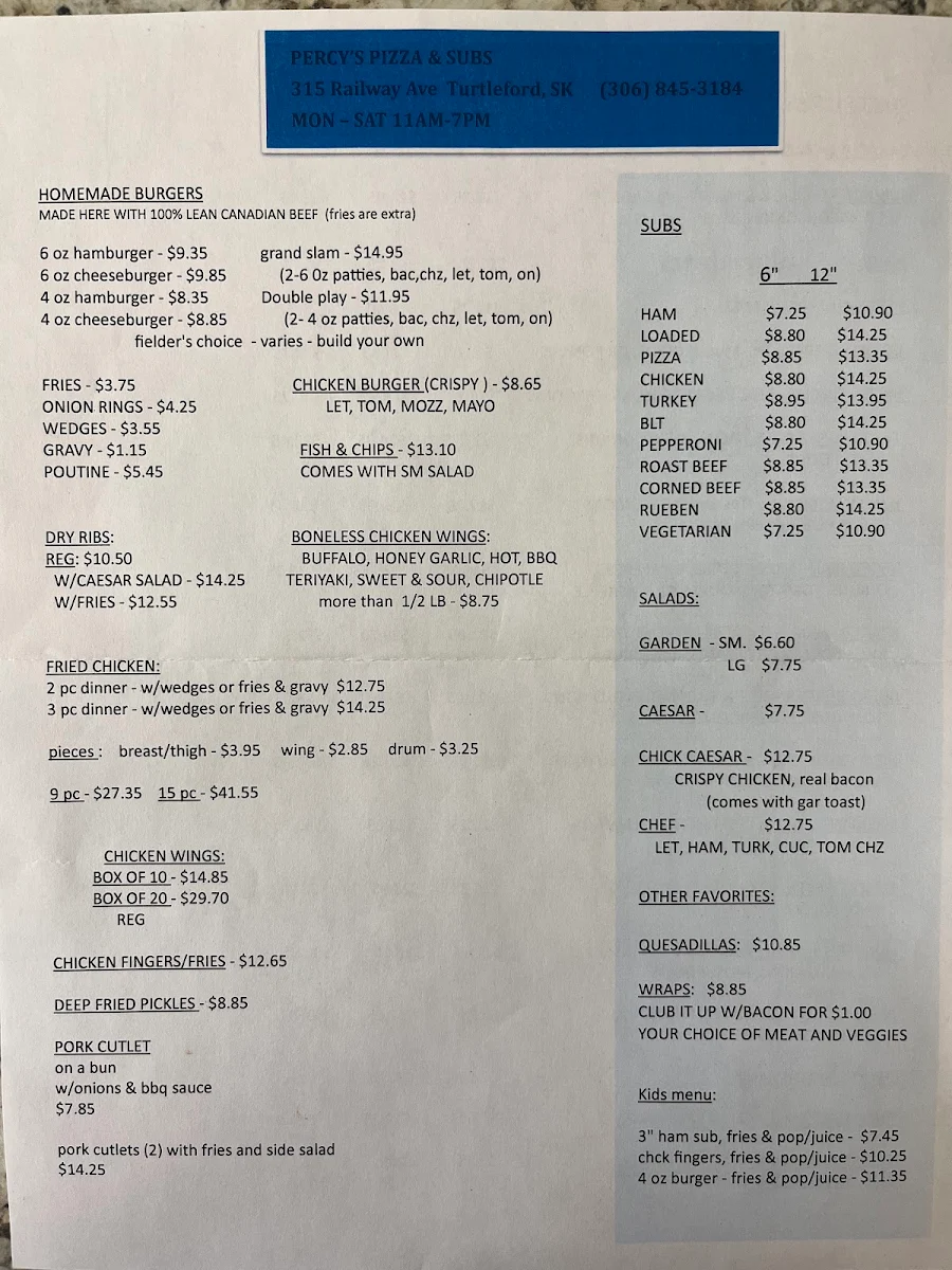 Menu, Percy's Pizzas & Subs