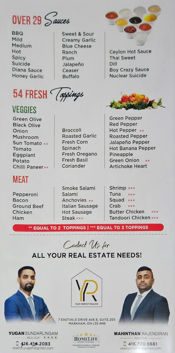 Menu, Pizzaboys Canada