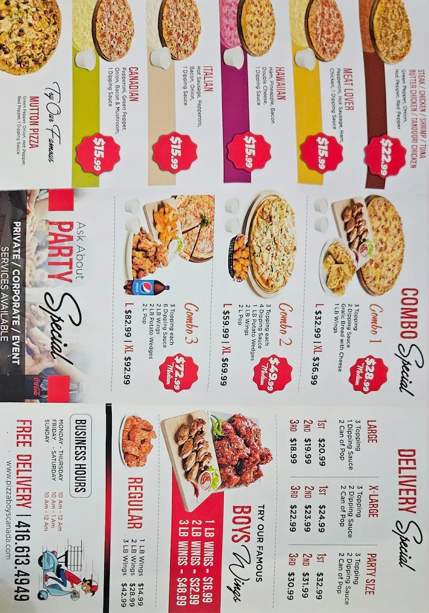 Menu, Pizzaboys Canada