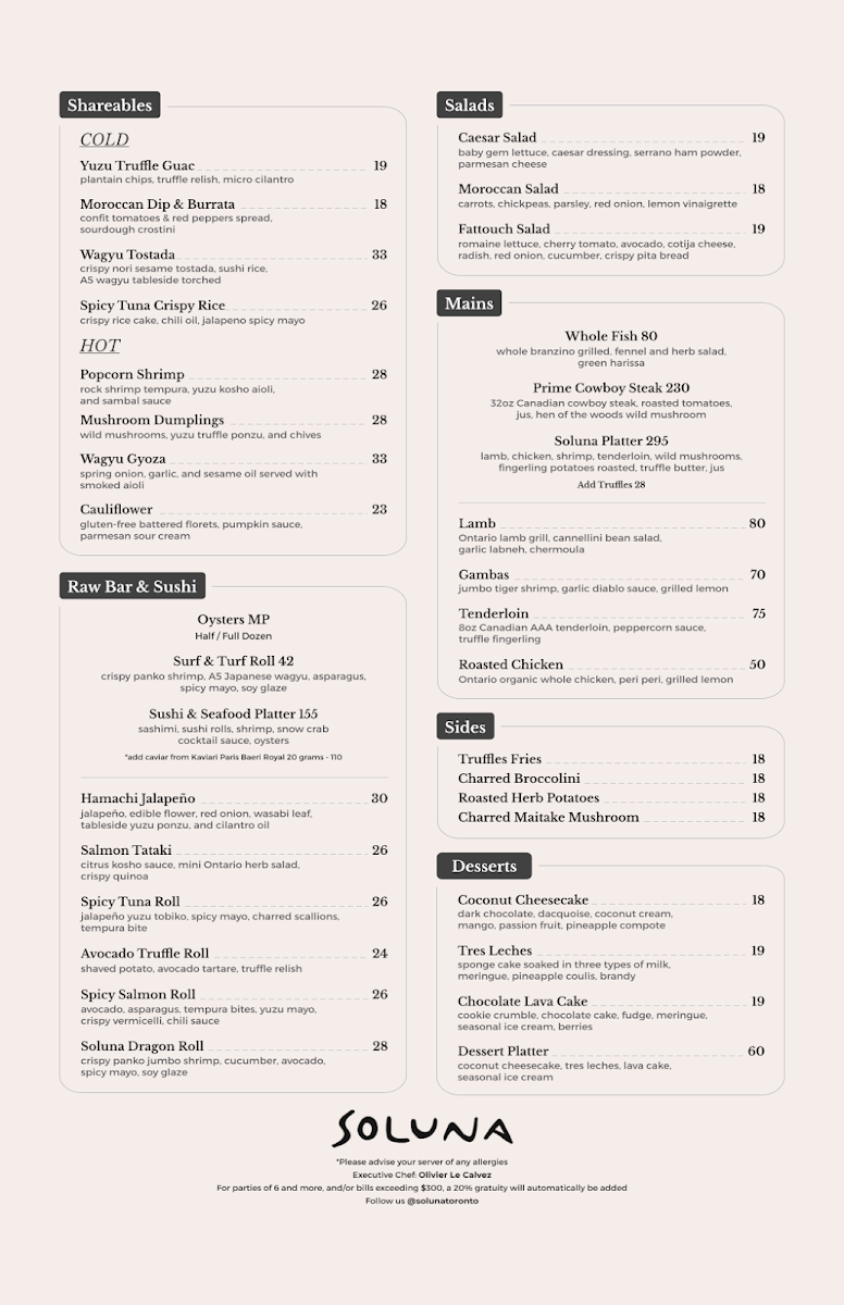 Menu, Soluna Toronto