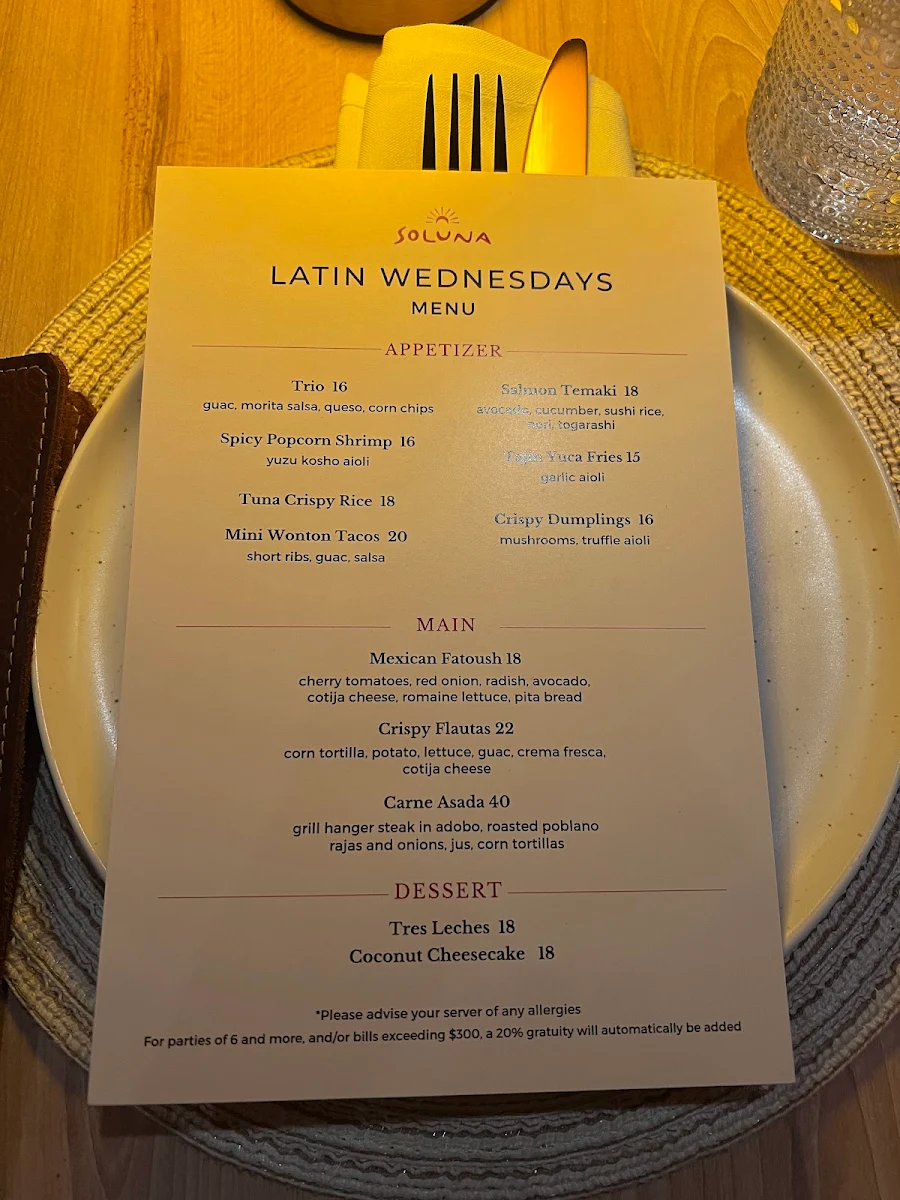 Menu, Soluna Toronto
