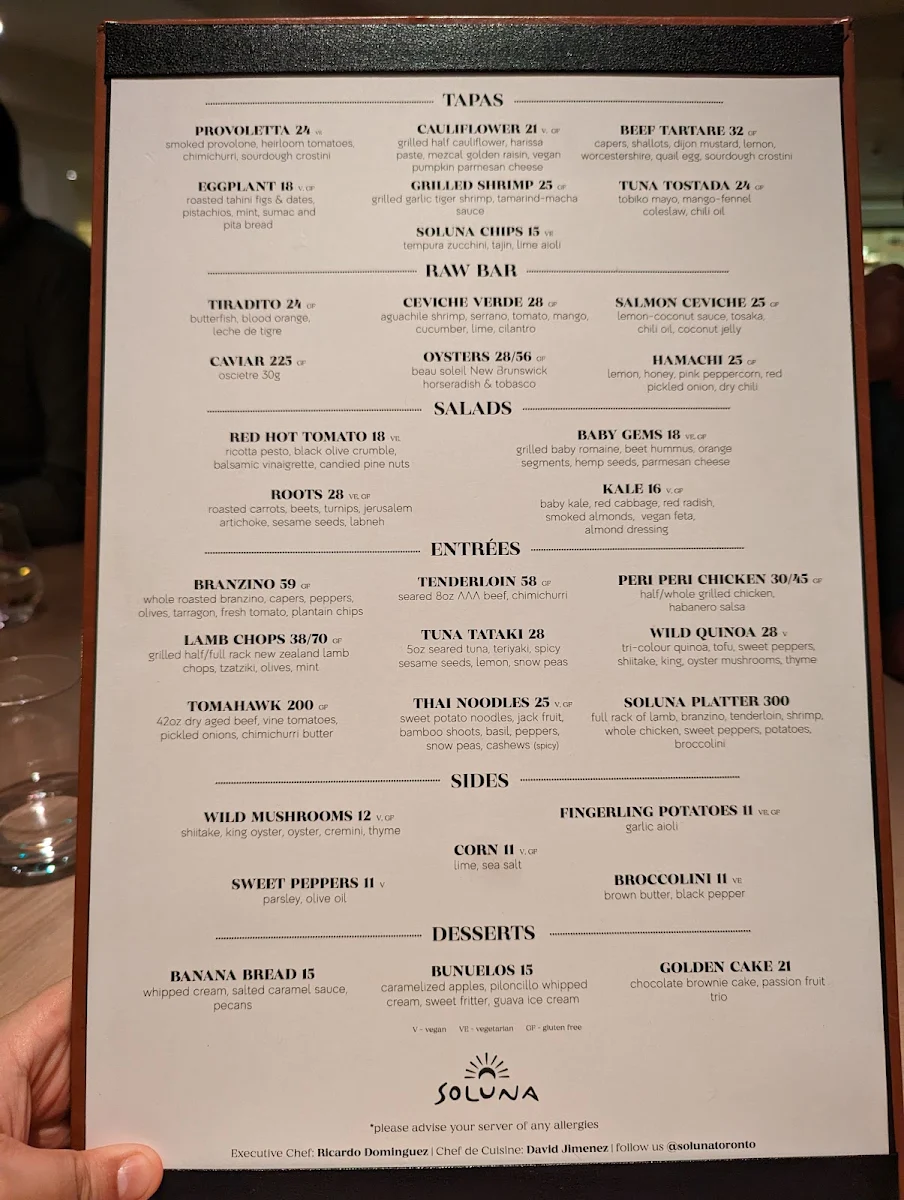 Menu, Soluna Toronto