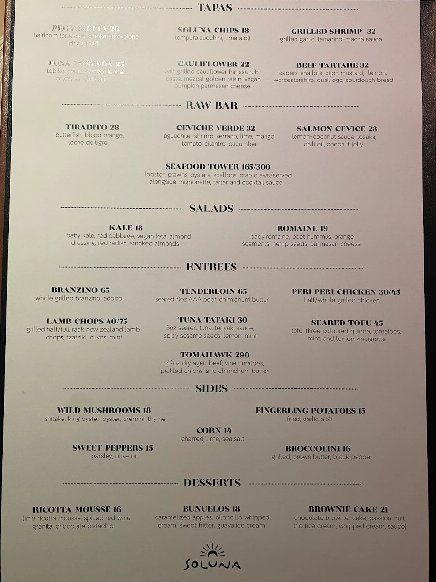 Menu, Soluna Toronto
