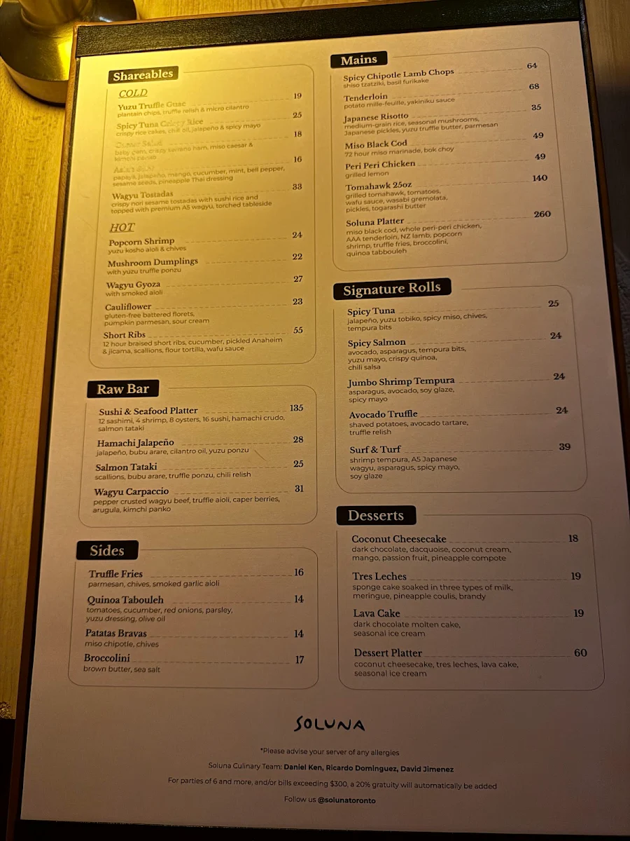 Menu, Soluna Toronto