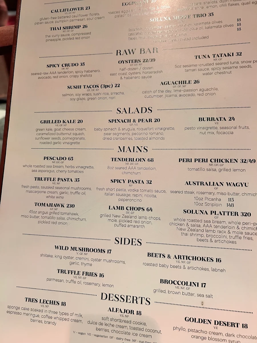 Menu, Soluna Toronto