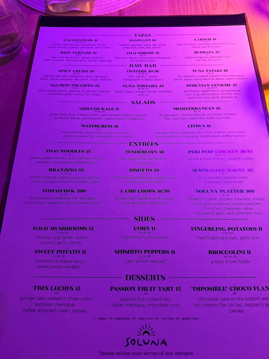 Menu, Soluna Toronto