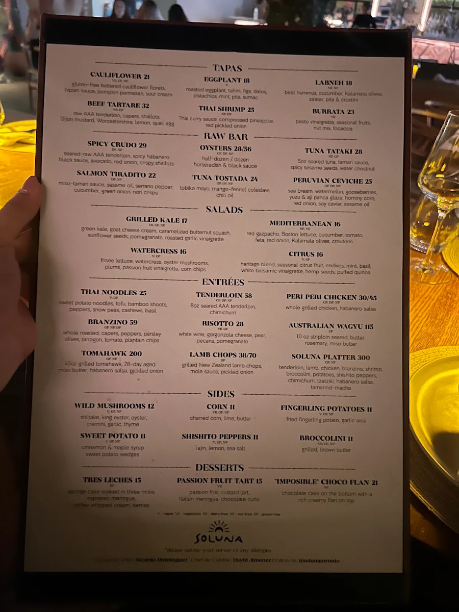 Menu, Soluna Toronto