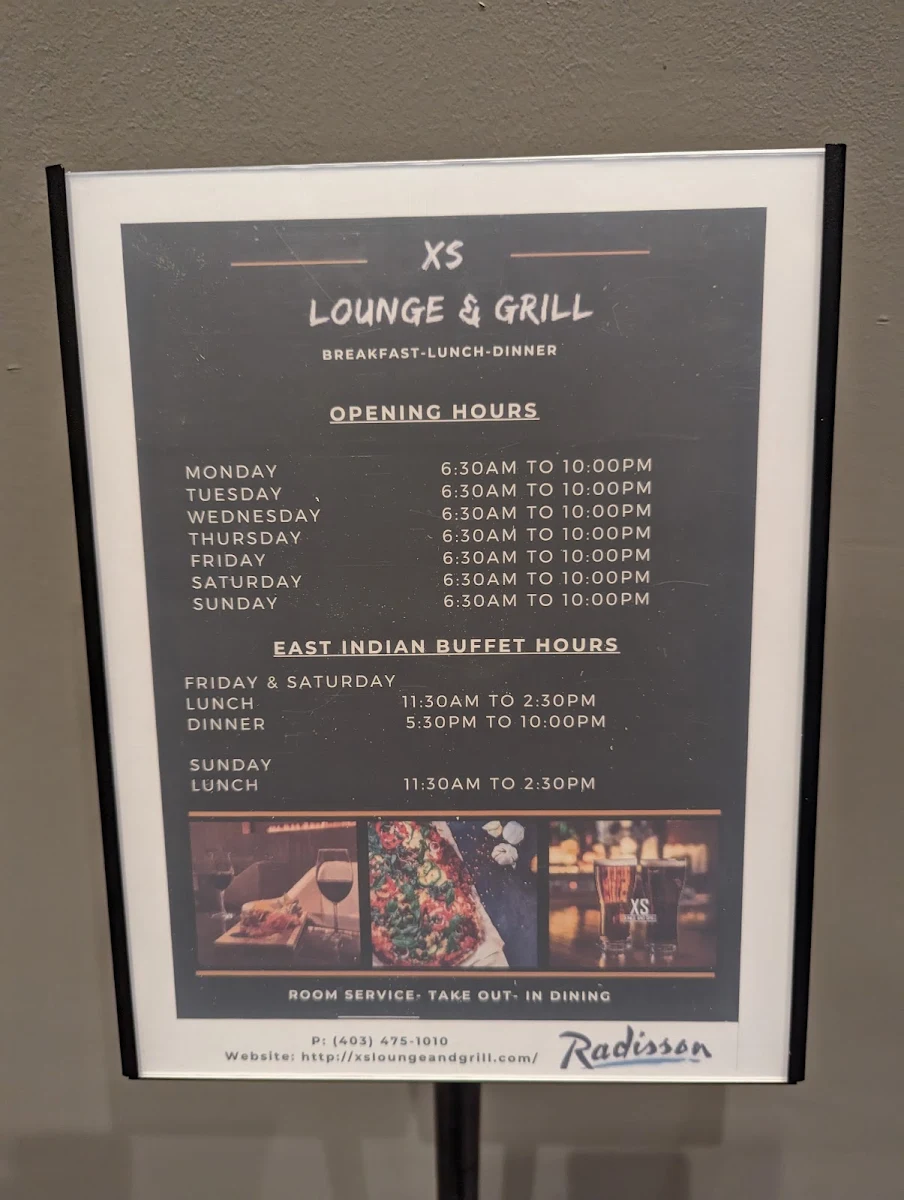 Menu, XS Lounge and Grill