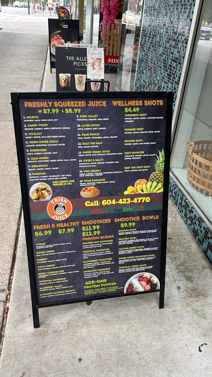 Menu, Trish juice Vancouver BC
