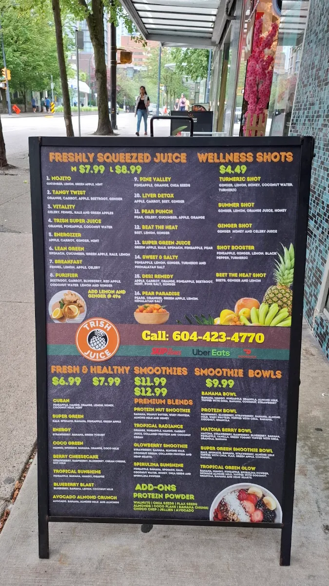 Menu, Trish juice Vancouver BC