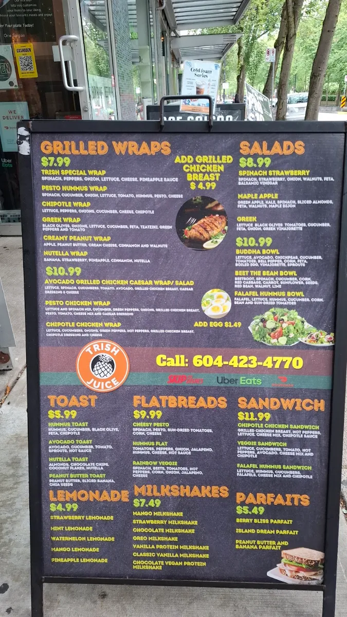 Menu, Trish juice Vancouver BC