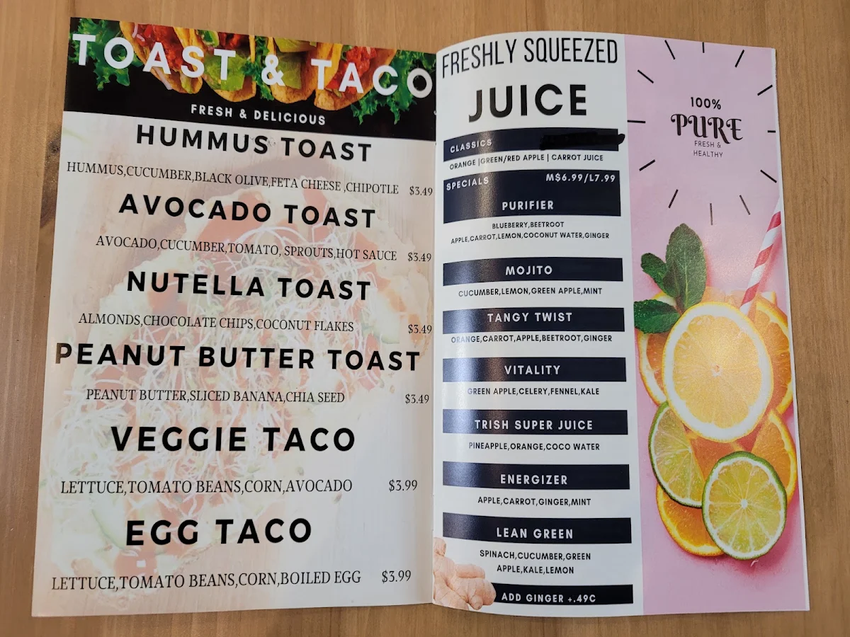Menu, Trish juice Vancouver BC