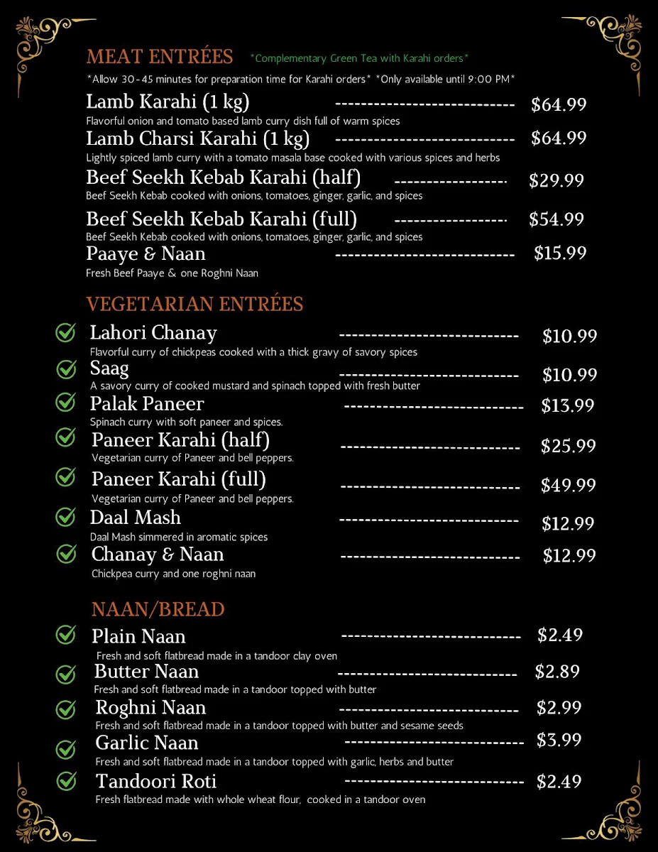 Menu, Karahi Guys Restaurant