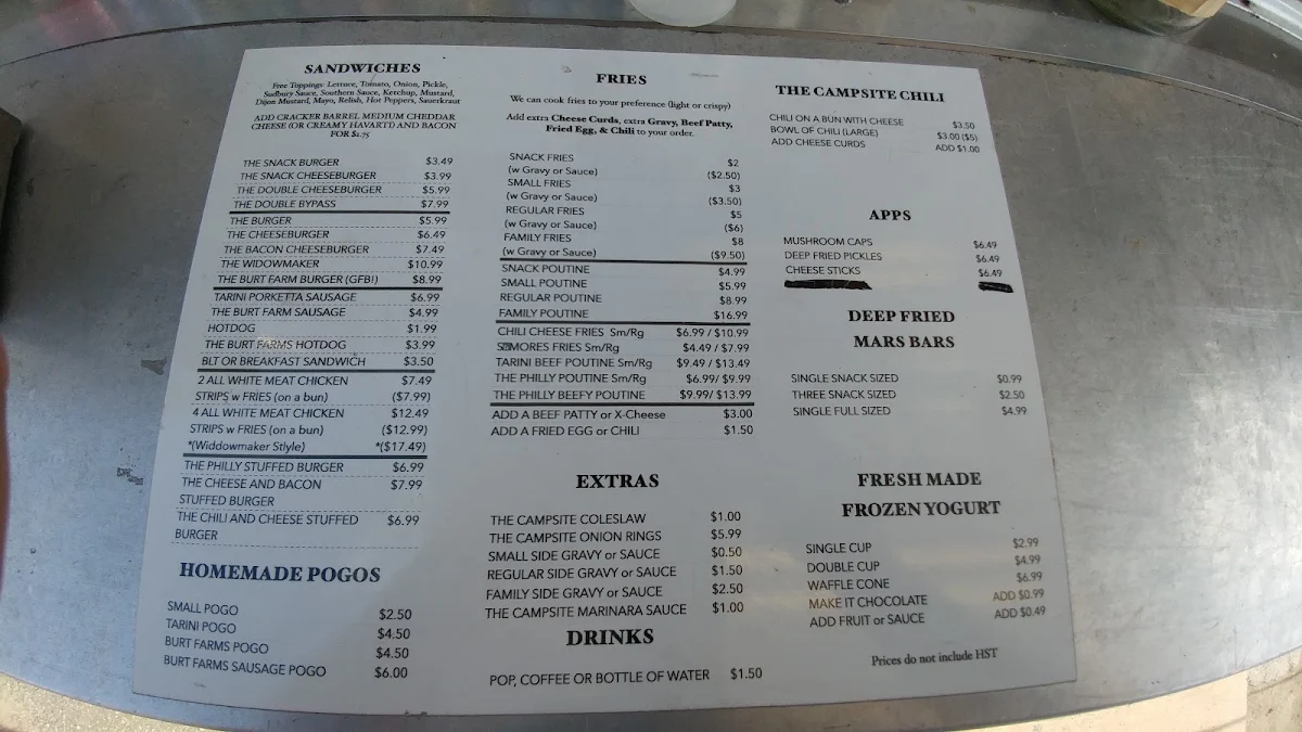 Menu, The Campsite Chipstand