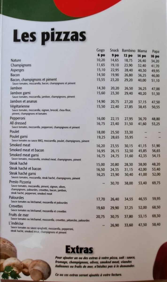Menu, Restaurant Presto Pizzéria