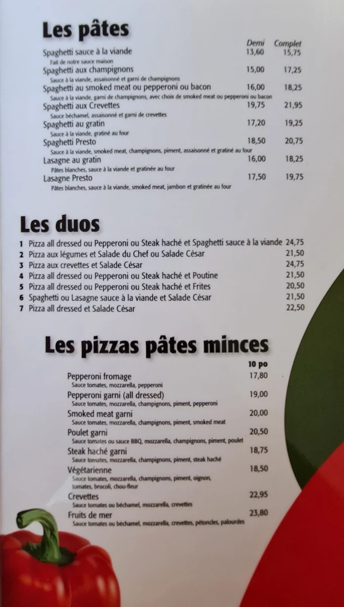 Menu, Restaurant Presto Pizzéria