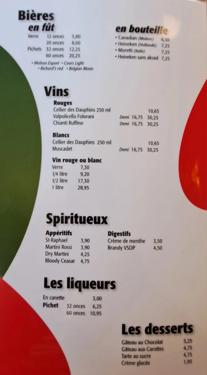 Menu, Restaurant Presto Pizzéria