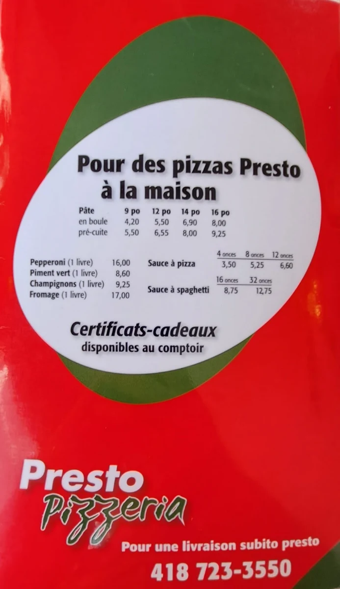 Menu, Restaurant Presto Pizzéria