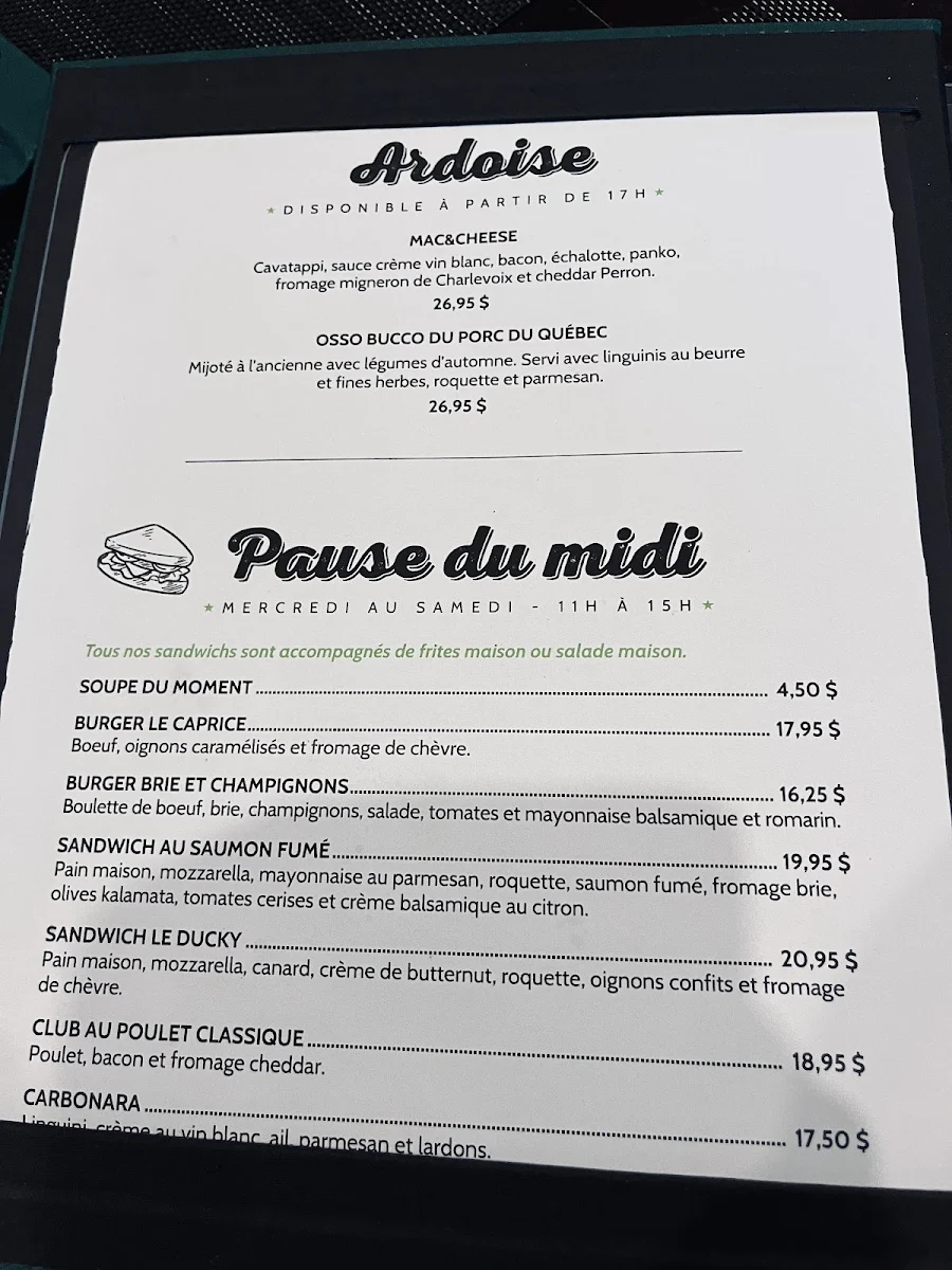 Menu, Pub St-Bernard
