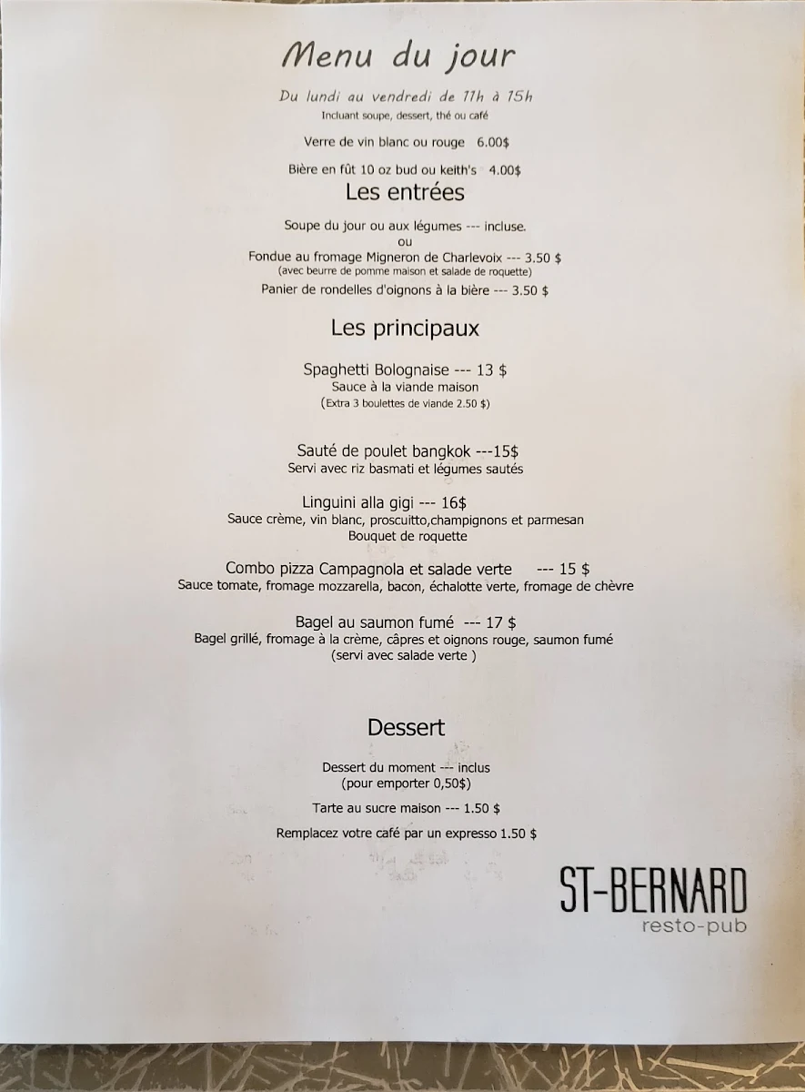 Menu, Pub St-Bernard