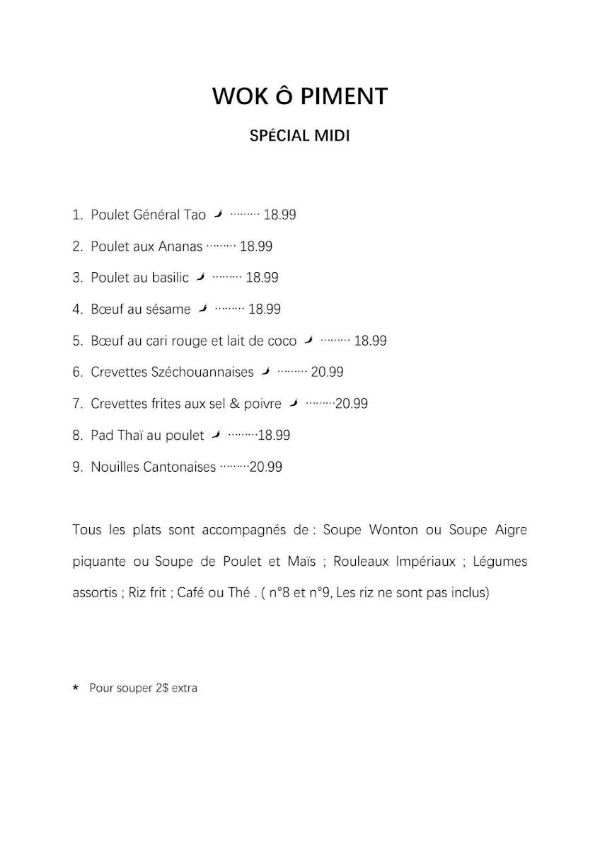 Menu, WOK Ô Piment