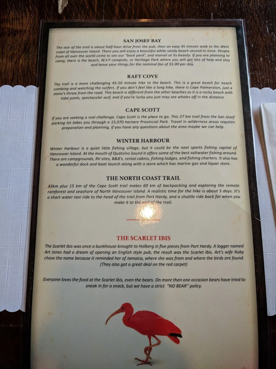 Menu, Scarlet Ibis Restaurant & Cabin Rentals