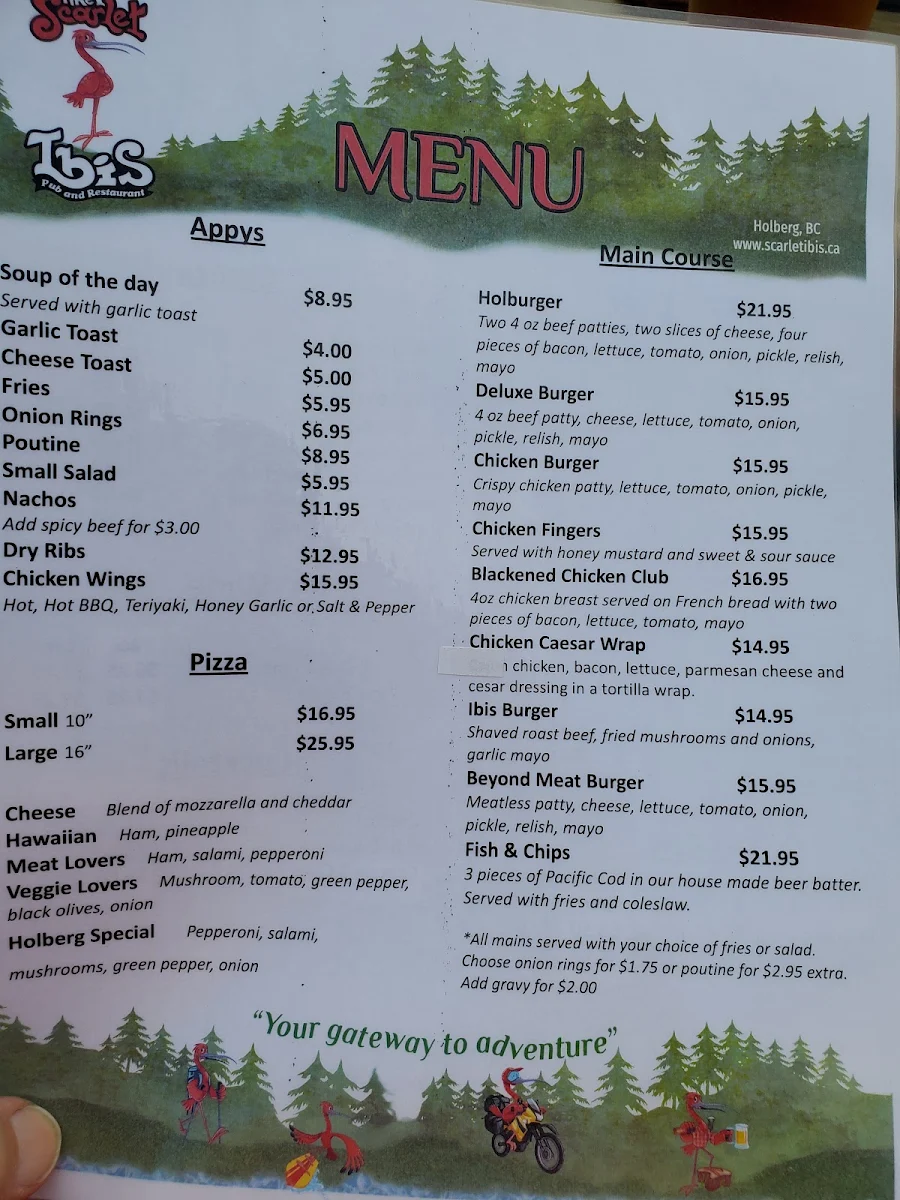 Menu, Scarlet Ibis Restaurant & Cabin Rentals