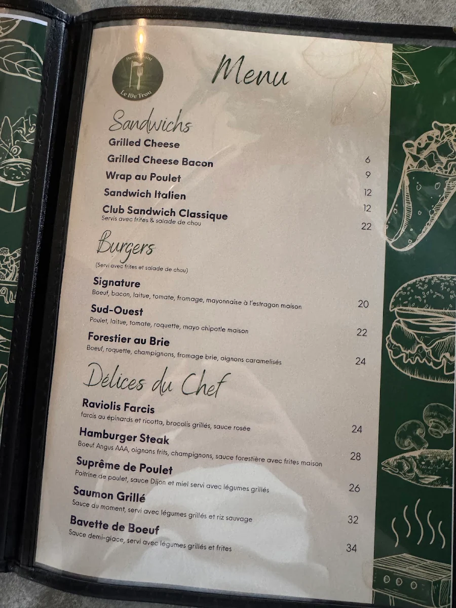 Menu, Restaurant Le 19e Trou