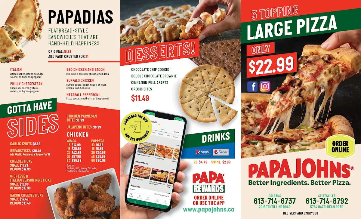 Menu, Papa Johns Pizza