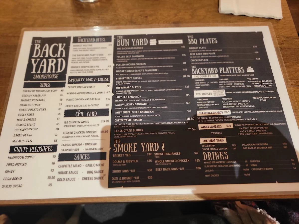 Menu, The Backyard Smokehouse Toronto
