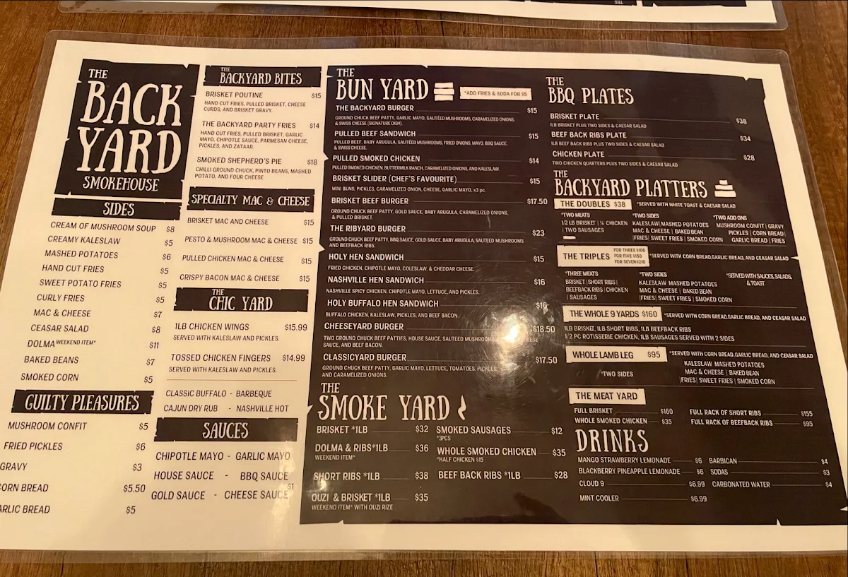 Menu, The Backyard Smokehouse Toronto