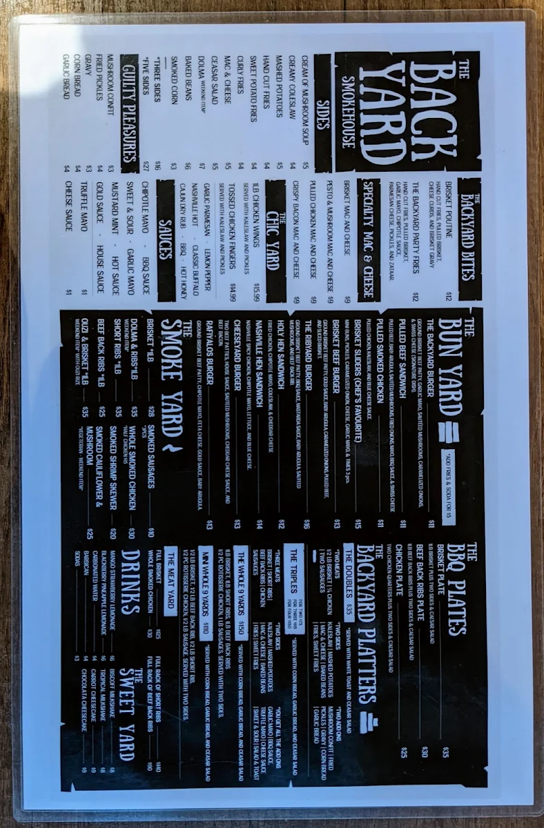 Menu, The Backyard Smokehouse Toronto