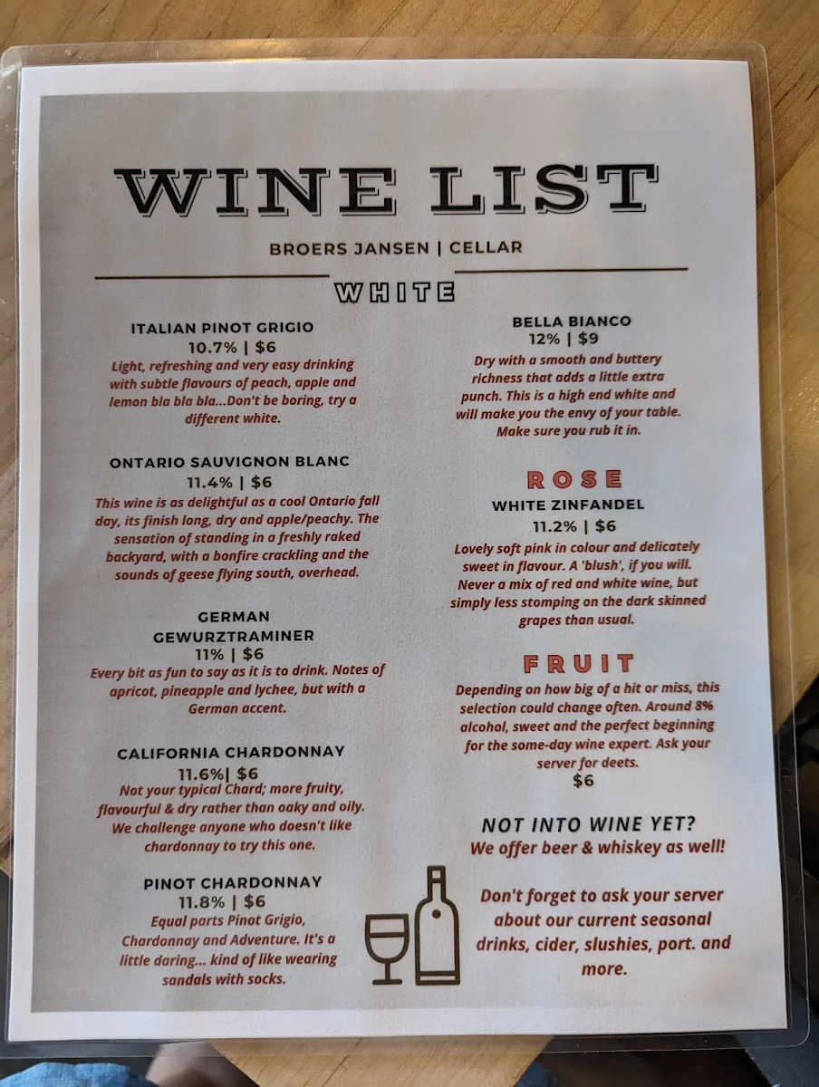 Menu, Broers Jansen Wine Bar