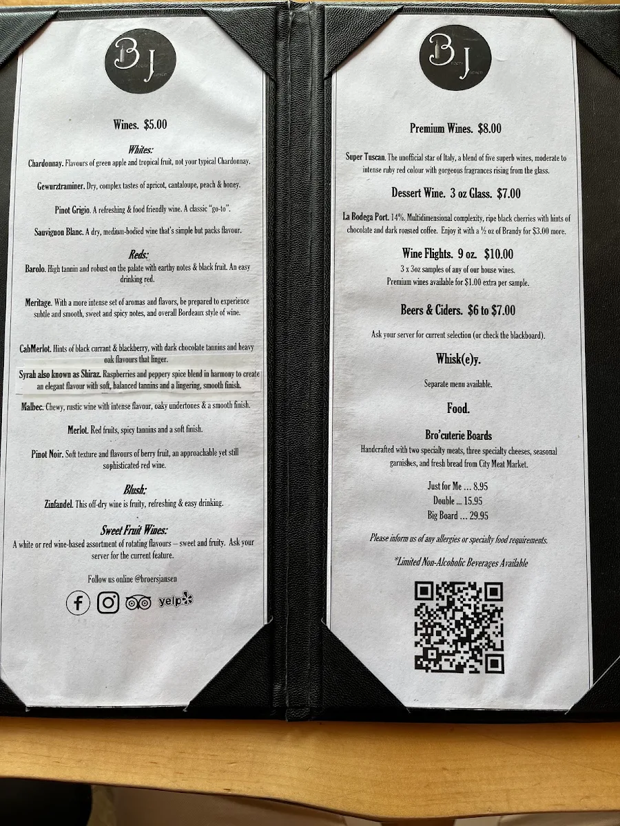 Menu, Broers Jansen Wine Bar