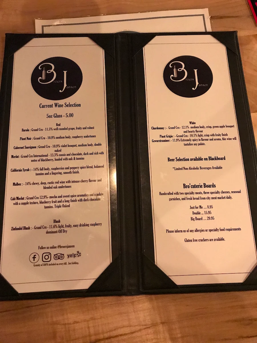 Menu, Broers Jansen Wine Bar