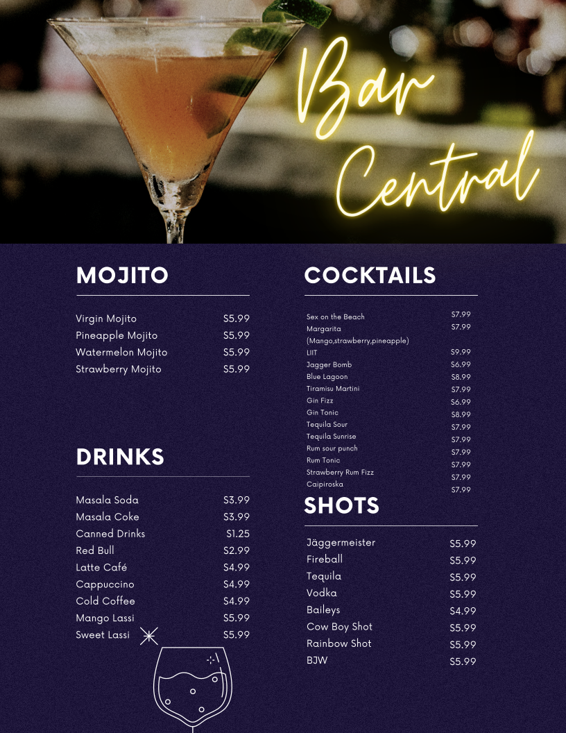 Menu, Bar Central