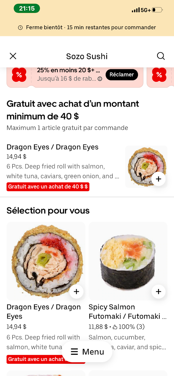 Menu, SŌZŌ SUSHI