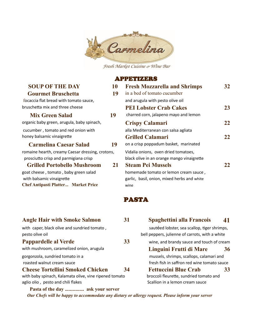 Menu, Carmelina Restaurant