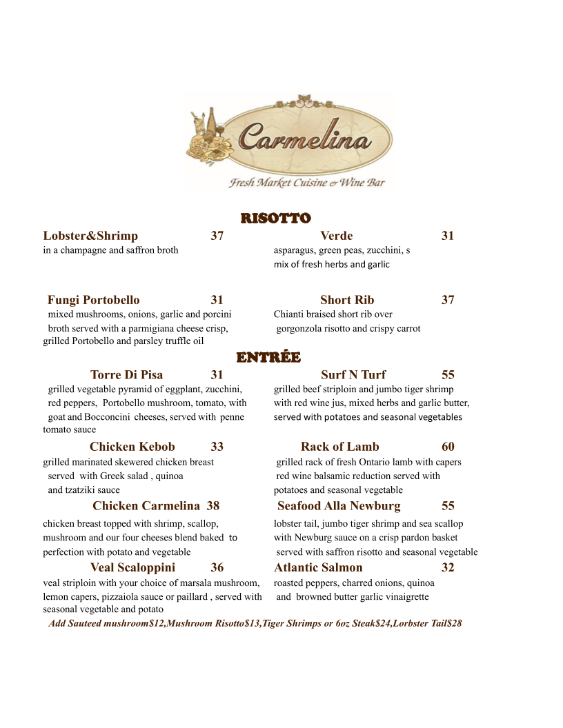 Menu, Carmelina Restaurant