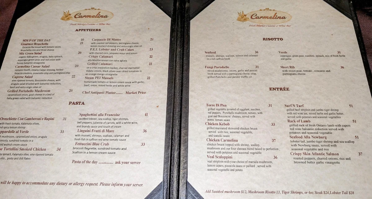 Menu, Carmelina Restaurant