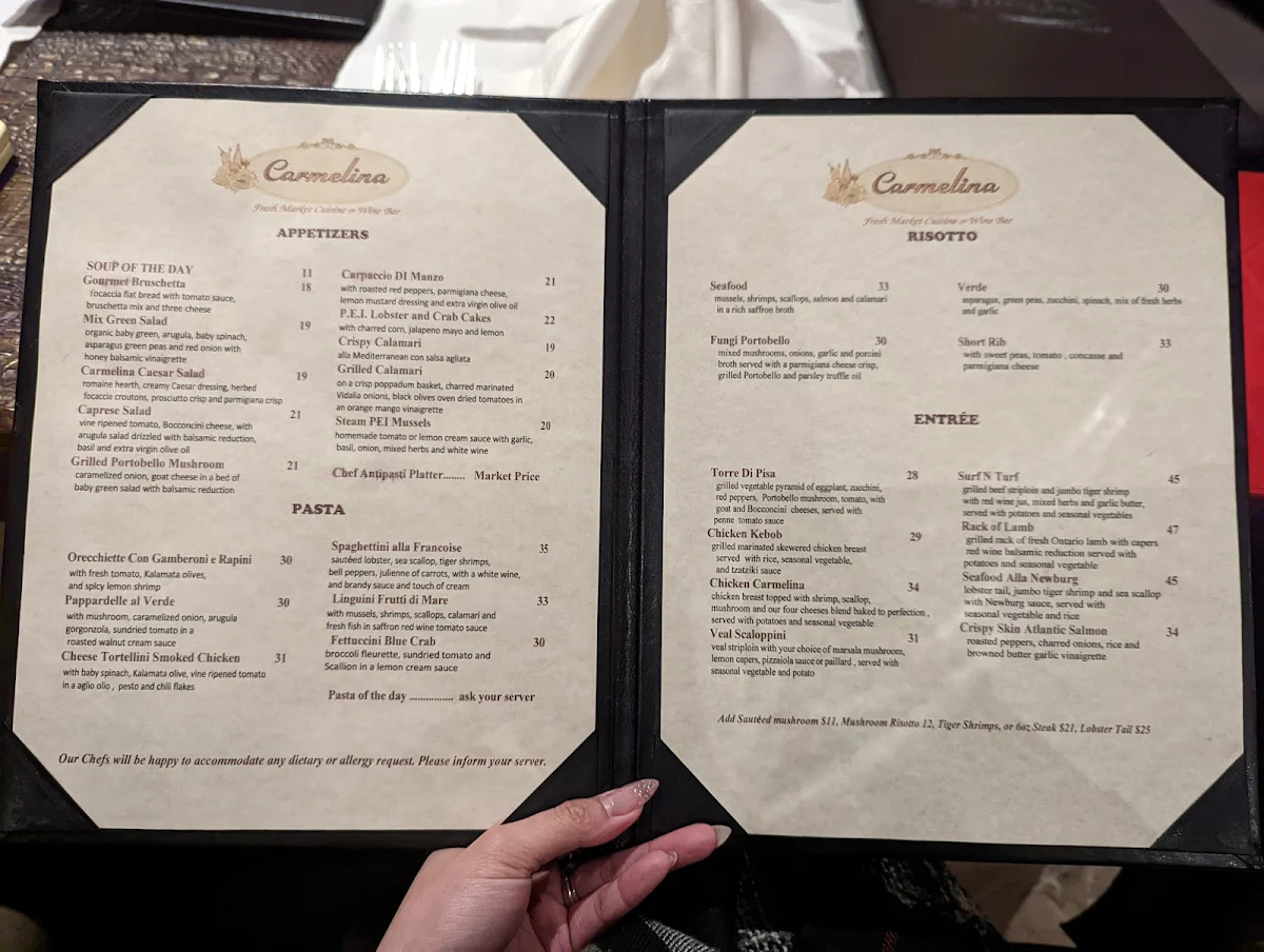 Menu, Carmelina Restaurant