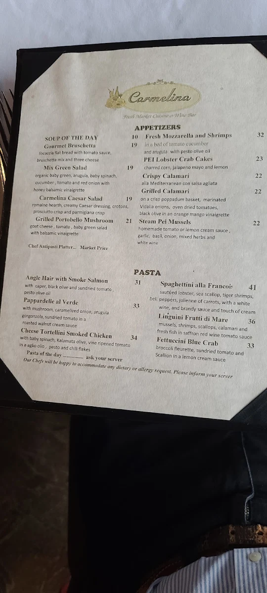 Menu, Carmelina Restaurant