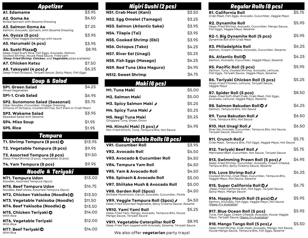 Menu, Sushi Hon